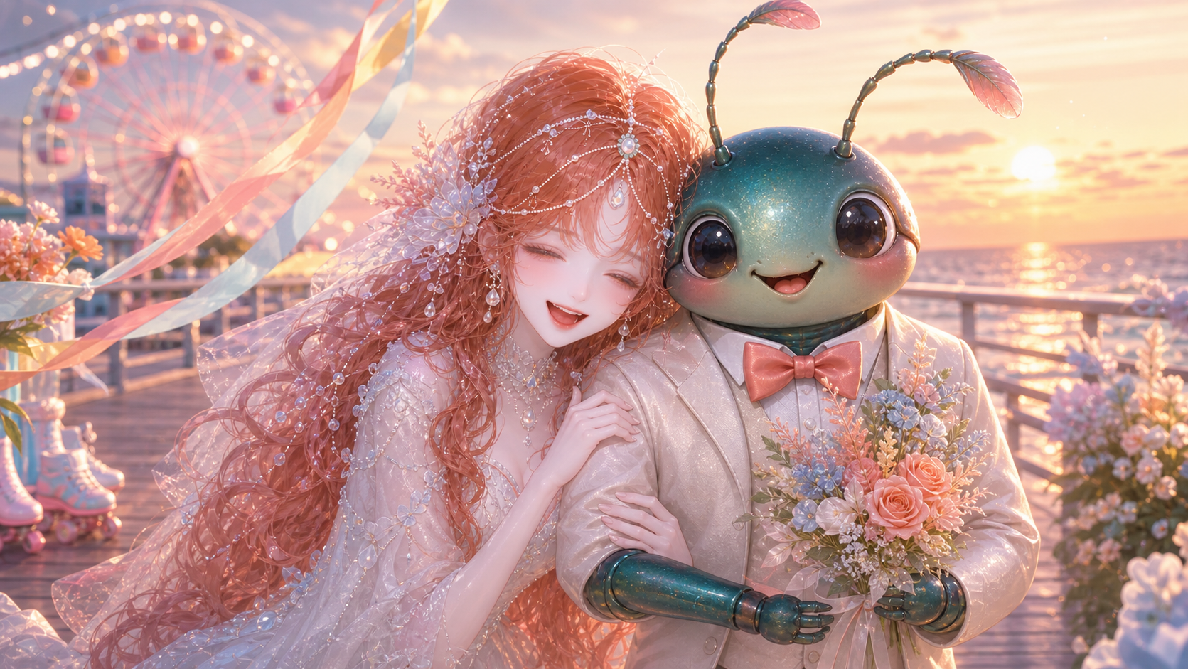 可丁在海边依偎着虫子的婚纱照